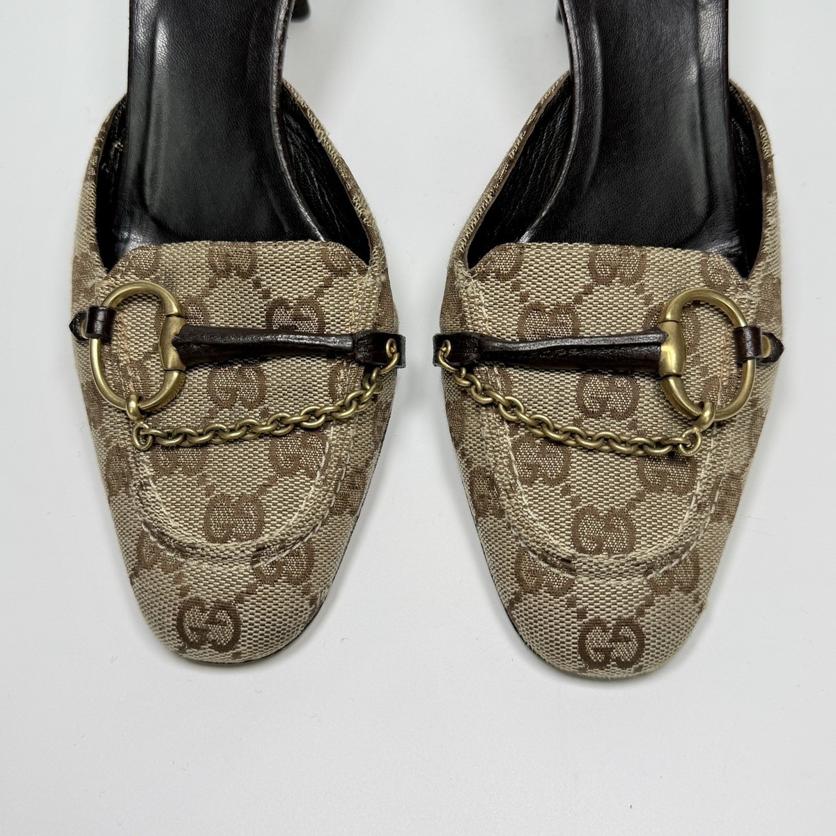 Vintage Gucci Monogram Horsebit Mule Heels in Beige / Brown / Gold