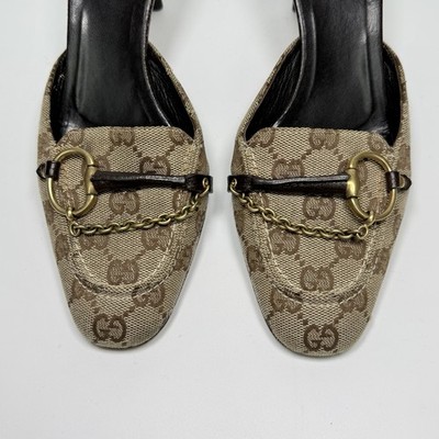 靴 Vintage Gucci Monogram Heel Mules 36 C Vintage Gucci Monogram Horsebit Mule Heels in Beige / Brown / Gold