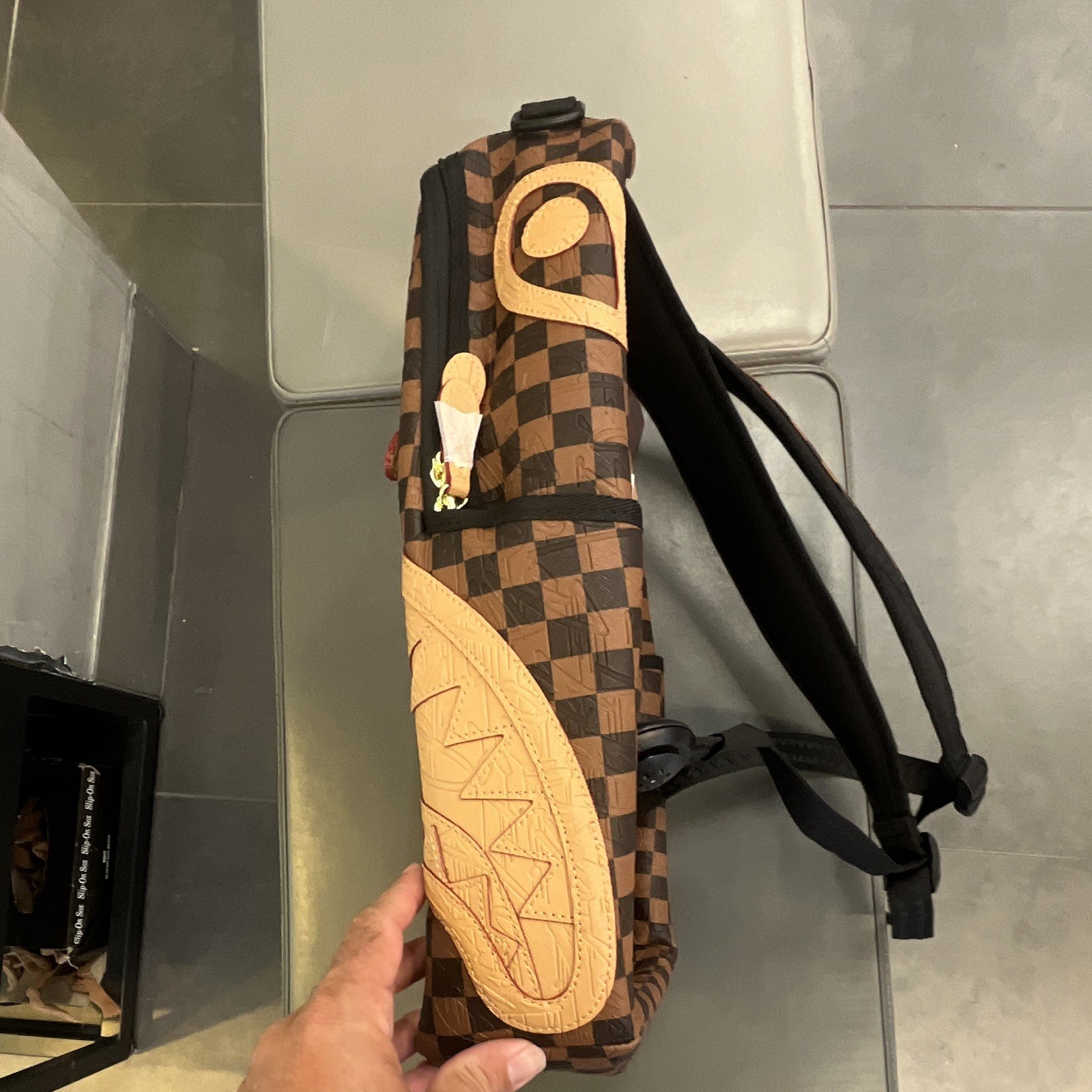 Sprayground Limited Edition Shark Mouth Checkered Backpack Large Brown Tan image 4