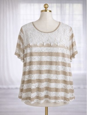 Alfred Dunner 3X Popover Top Crochet Beachy Starfish Pattern Tan White Stripe