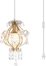 Elegant Mini Chandelier Plug in Crystal Pendant Light,Golden Gold 