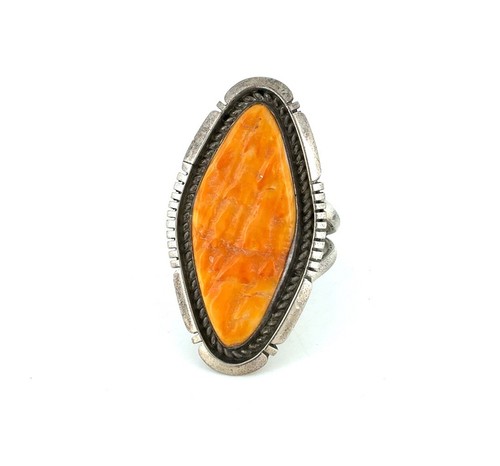 Vintage Signed Native American Orange Peel Spiny Oyster Sterling Ring Size 9.75