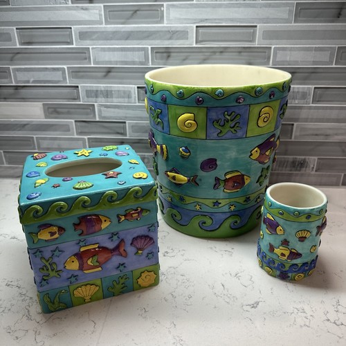 Sue Zipkin~Waste Basket, Tissue Box & Toothbrush Holder~Fish/Beach/Ocean Theme