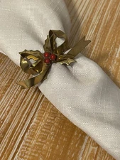 Vintage Christmas Brass Holly Leaf and Berries Napkin Rings