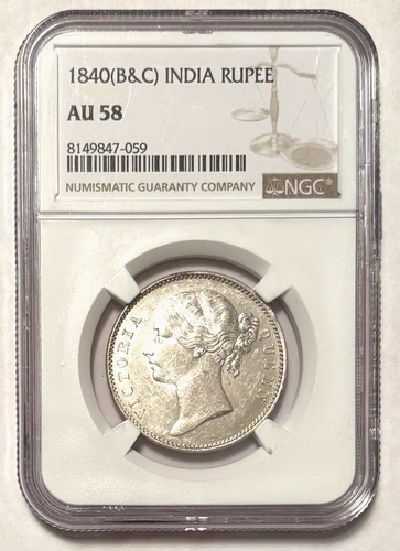 1840 INDIA YOUNG VICTORIA SILVER RUPEE NGC AU 58
