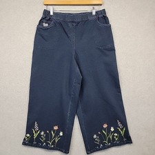 Quacker Factory DreamJeannes Dark Blue Denim PullOn Pants Floral Embroidery Sz M