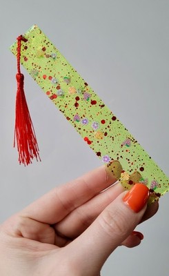 Green Glitter Flower & Fruit Bookmark with Red Tassel   Handmade Book Gift Idea