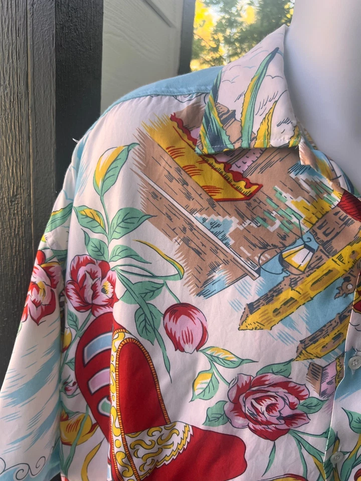 Camisa havaiana vintage da década de 1980 com tema de Tijuana feita na Itália grande repetição - Imagem 4 de 4