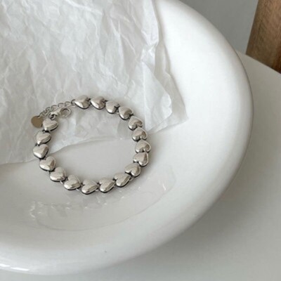 925 Sterling Silver Elegant Vintage Love Heart Link Bracelet Unique Party Bangle