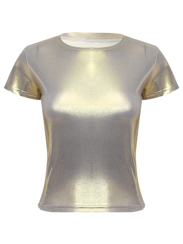 Damen Metallic Kurzarm Rundhals Bluse Tank Tops T-Shirt Party Wetlook Clubwear - Picture 17 of 43