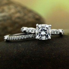 White Cushion Cut CZ 1.50CT Vintage Engagement Ring Set Real 925 Sterling Silver