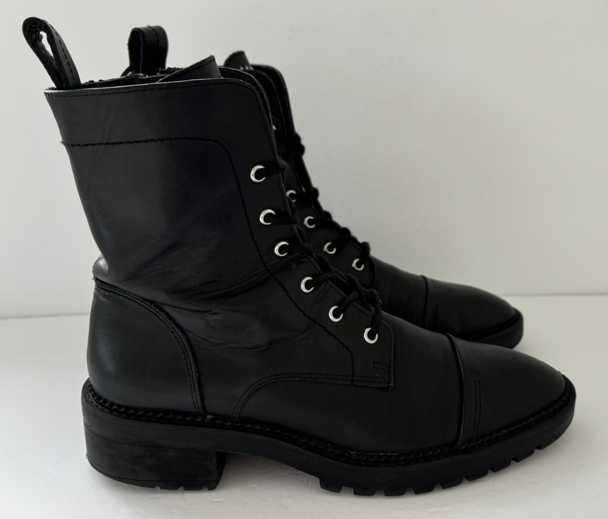 Zara Black Leather Ankle Tall Boots Combat Motorcycle Women’s Size Us