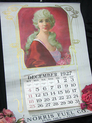 Vintage Clair V Fry 1927 Calendar girl Art Brown Bigelow Fuel Advertising 27''