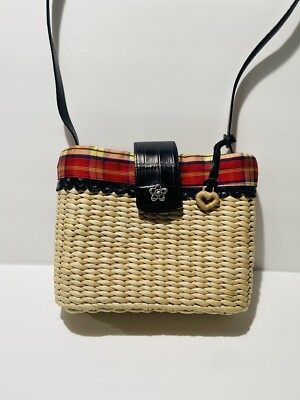 New Brighton Straw & Leather Basket Purse Tote Bag Plaid Lining With Strap Gift