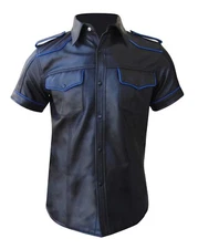Mens Genuine Leather Police Uniform Style Shirt Short Sleeves Gay Leather Shirts