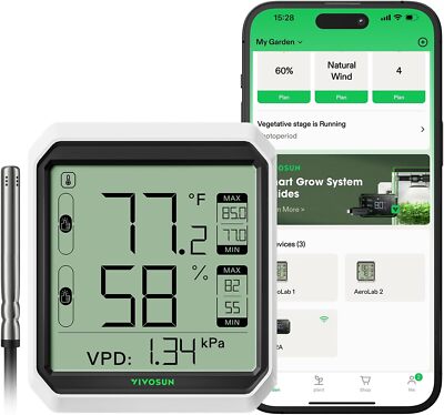 VIVOSUN Bluetooth Hygrometer Thermometer VPD Temp Humidity Meter w/ Sensor Probe