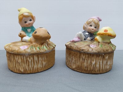 2- Vintage Homco Pixie Elf Gnome Mushroom Tree Trunk Porcelain Trinket Box #5404