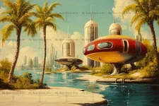 RETRO FUTURISTIC POD HOME ART PRINT, Vintage Sci-Fi Decor, Atomic Age Poster