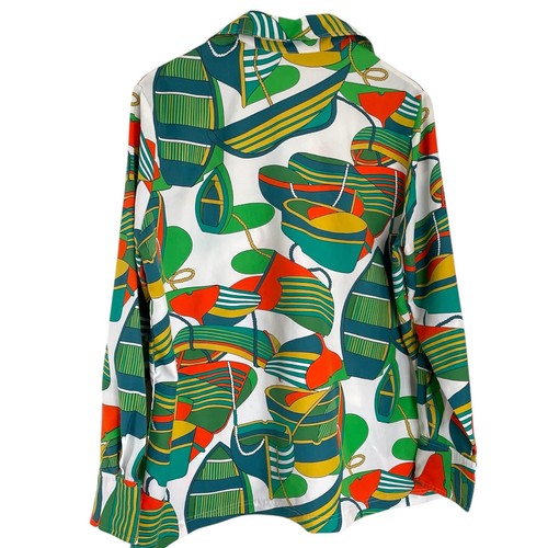 Vintage 70er King James Button Down Hemd L weiß grün Boot Print Polyester Top - Bild 4 von 6