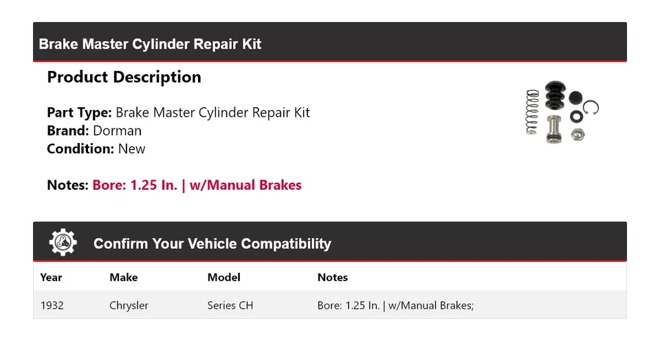 Kit de reparación de cilindro maestro de freno para Chrysler Series CH 1932 Dorman Foto 2 de 3