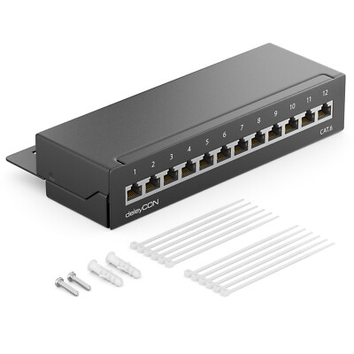 deleyCON CAT6 Patchpanel 12 Port Netzwerk Verteilerfeld geschirmt LSA Schwarz