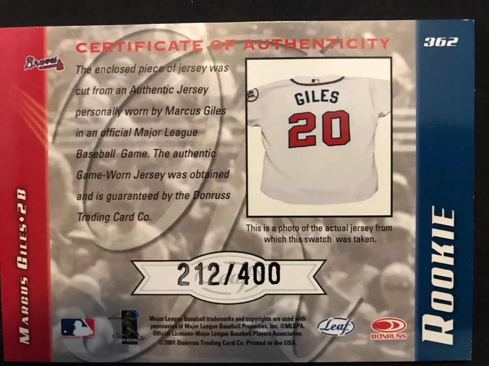2001 Marcus Giles | GAME-WORN JERSEY | #/400 | ROOKIE | Leaf Limited #362 Braves - Image 2 of 2