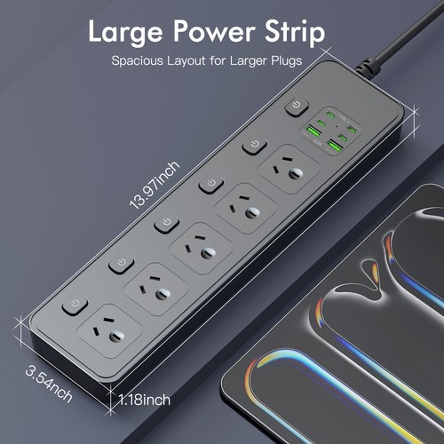Surge Protector Power Board 5 Way USB-C USB-A Port Individual Switch Power Strip - Picture 3 of 18