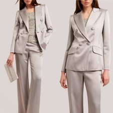 Women Satin Suits 2 Pieces Sets Silk Buiness Wedding Work Jacket Pant Slim Fit