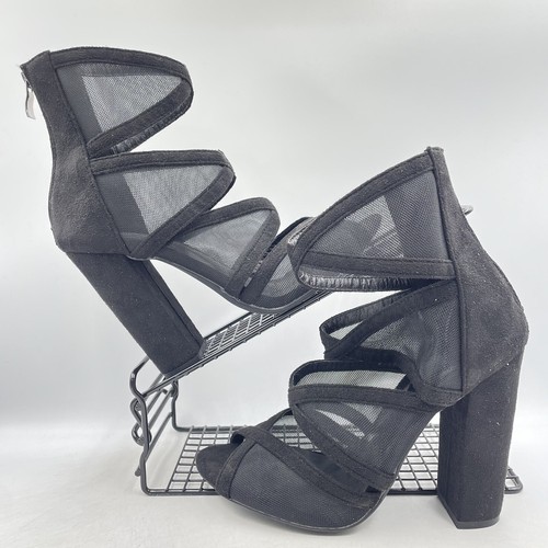 BLACK SUEDE CUT OUT ANKLE BOOTS MESH PEEP TOE ZIP BACK Y2K Size UK 5 - Picture 2 of 9