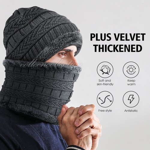 Men Beanie Cap Black Hat Winter Knitted Soft Neck Warm Scarf Fleece Ski Hat - Picture 2 of 12