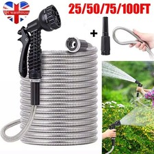 25/50/75/100FT Stainless Steel Garden Hose Pipe Water Kink-Free With Spray Gun