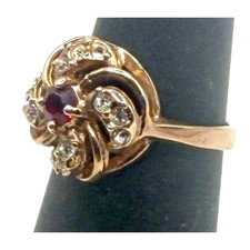 Gold Tone Rose Ring Red Glass Rhinestone Swirl Size 5.5