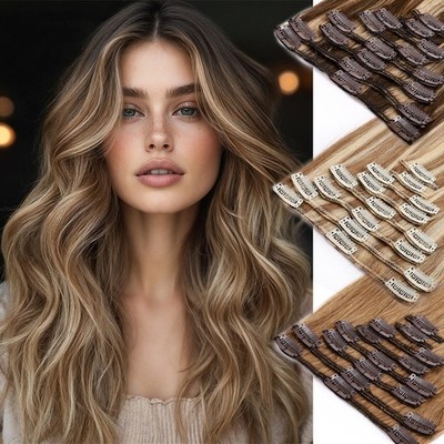 Thick Clip In 100% Real Human Remy Hair Extensions 8 Pieces 18 Clips Full Head