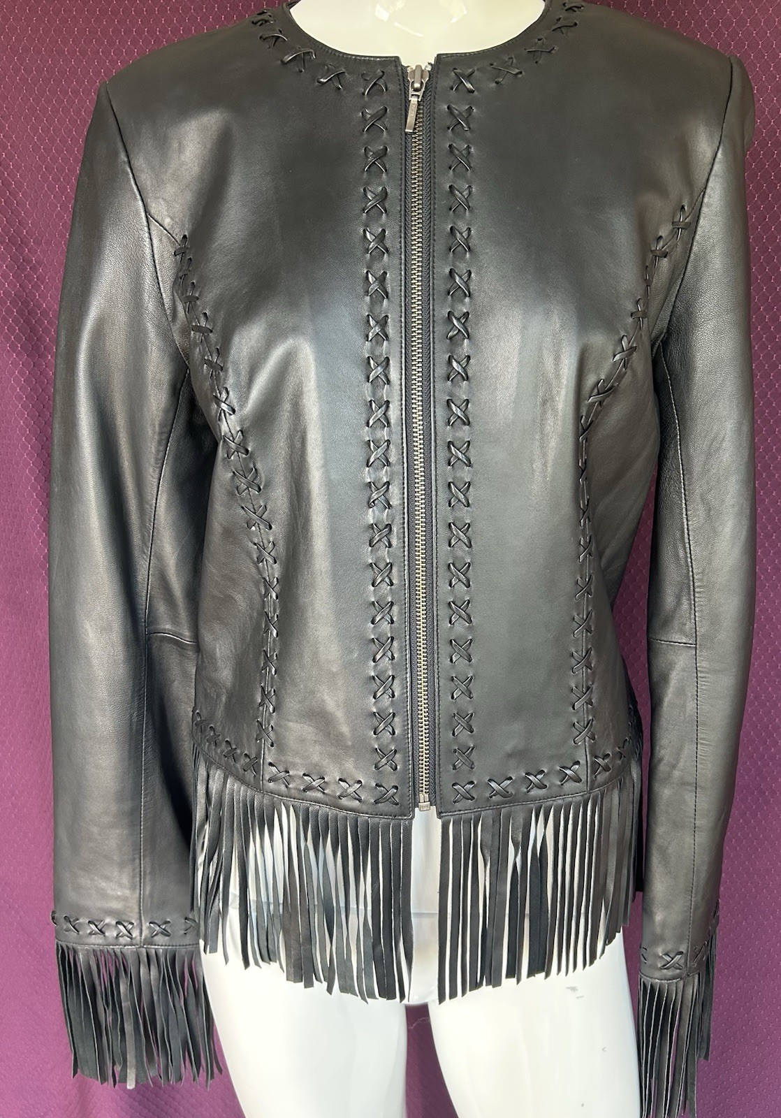 Women’s Cache Fringed Leather Jacket Size 6 Black