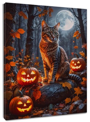 Scary Pumpkin Cute Cat Fall Halloween Abstract Wall Art for Bathroom Living Room