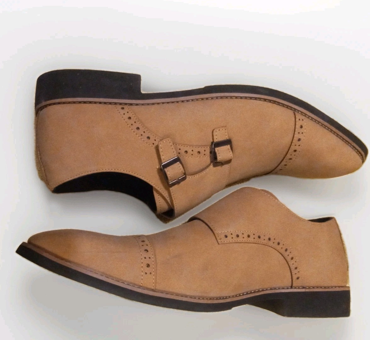 Men's Size 9.5 beige suede double monk strap dress shoes with brogue detailing