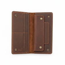 Vintage Full Grain Leather snap closure Wallet Card Holder Long Purse Brown EDC