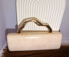 Ivory Crocodile Embossed Small Clutch Top Handle Gold Tone Chain Strap