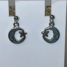 Crescent Moon Star Faux Turquoise Stud Dangle Earrings Retro Vintage Bohemian 