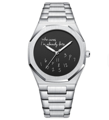 Mens Watch ''Who Cares I'm already Late'' Black Dial Grey Steel Wristwatch