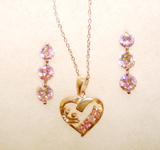 Sterling Silver 6.8g Mother Child Pink CZ Heart Pendant Earrings 18" Necklace