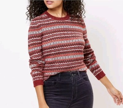 Anne Taylor LOFT Red Fair Isle Lightweight Crewneck Sweater, Women's Size Medium