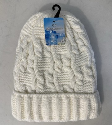CC Style & Fashion NWT Off White Cable Knit Winter Beenie Hat Faux Fur Lined