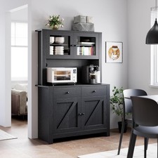 Freestanding Pantry Cabinet Black,Microwave Stand w/ Drawers Adjustable Shelves