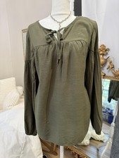 Nine West Blouse Womens Medium Green Tie Neck Long Sleeve Tunic Top Boho