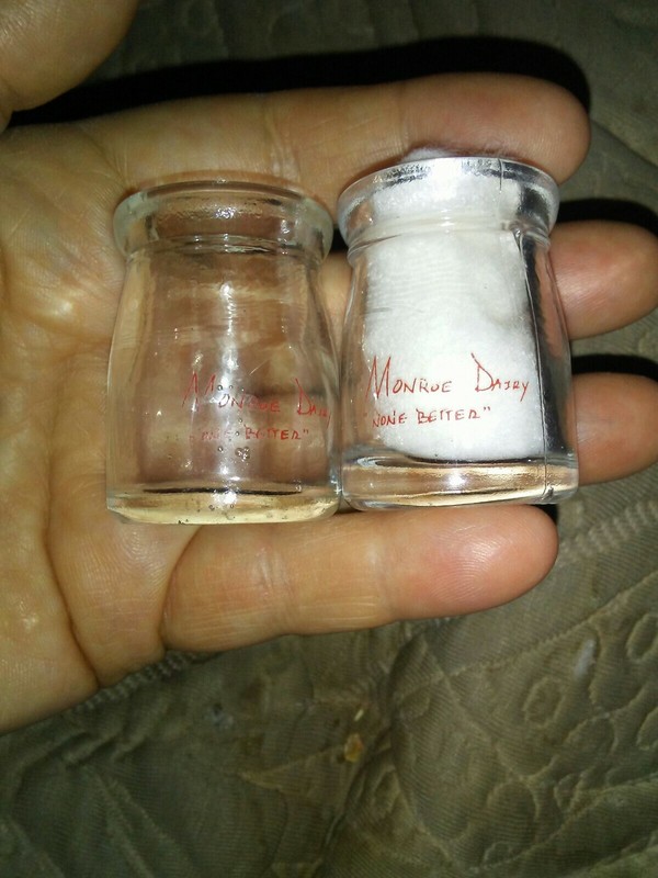 2 VINTAGE MONROE DAIRY  MINI CREAM CREAMER GLASS MILK BOTTLES 1.75” tall