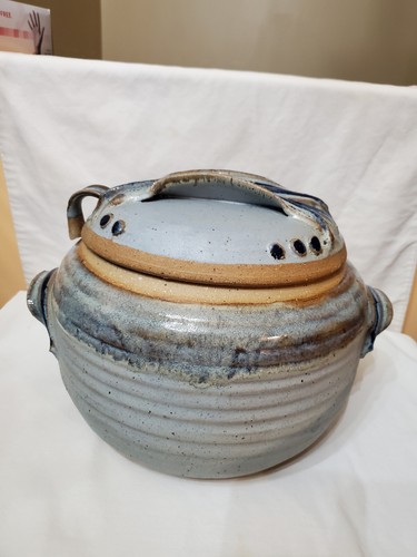 vintage art pottery signed glazed soup tureen w/ lid handles blue & brown laddle - Picture 2 of 10