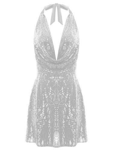 Womens Dresses Music Minidress Deep V Partydress Dancing Clubwear Glitter Short - Picture 29 of 82