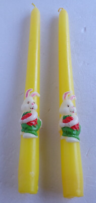 Vintage Easter Taper Candles Pair 10  Yellow w/ Bunny Carrots Never Burnt / Used