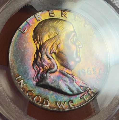 1963 50C Franklin Silver Half Dollar PCGS AU55 Absolute Monster Rainbow Toned